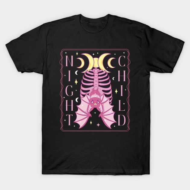 A bat hangs from a rib cage under the triple moon with the words night child occult witchcraft design T-Shirt by Angelandspot